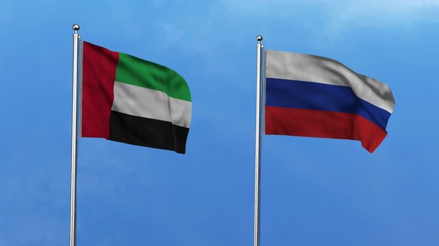 United Arab Emirates  and Russia Waving Flags, 3D Illustration