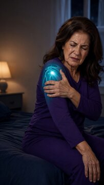 Mature woman suffering from severe shoulder pain sitting on bed at night in bedroom. Glowing joint anatomy visualization of inflammation and