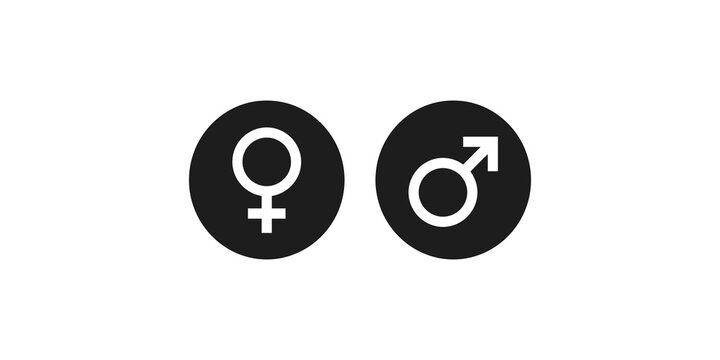 Classic male and female gender symbols in minimalist circular solid black buttons.
