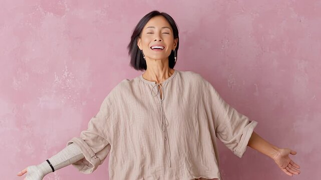 Confident woman with prosthetic arm against elegant pink background