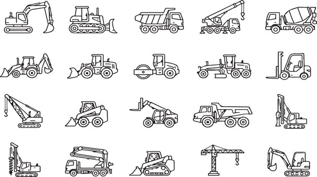 Set of construction vehicle icons in hand drawn sketch style