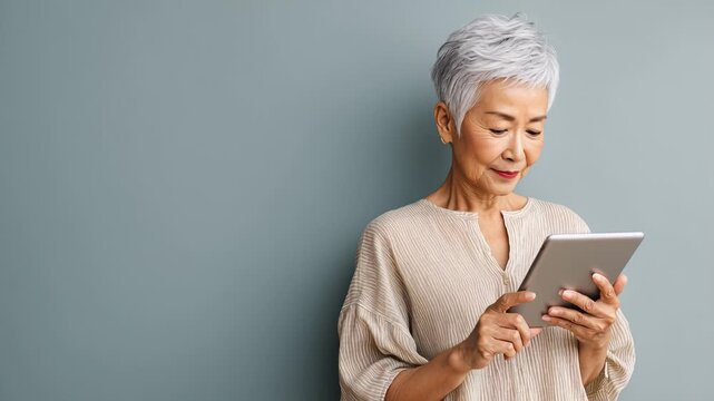 Elderly woman with digital tablet against minimalist background