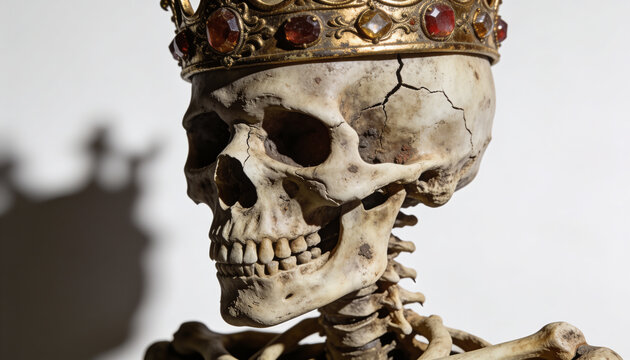 Golden Crown On Human Skull Vintage Skeleton Royalty Concept Macabre King Death Head Ancient Skull Monarch Royal Bones Gothic Shadow Art Dead Ruler Profile Imperial Crown Bone Studio Shot.