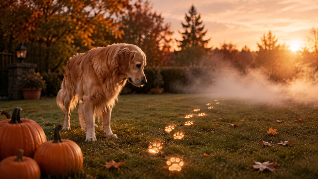 Golden retriever discovering mysterious glowing paw prints beside pumpkins in an autumn garden at sunset.