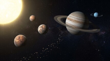 Solar system with planets orbiting a bright star in deep space © AlvianSahal