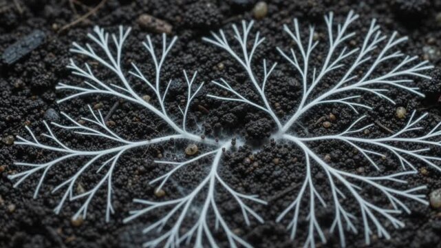 Macro close up of white mycelium network spreading through dark soil in cinematic lighting
