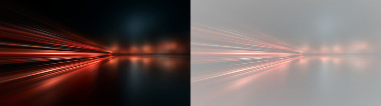 futuristic glowing red light streaks with reflective floor and dark background technology concept