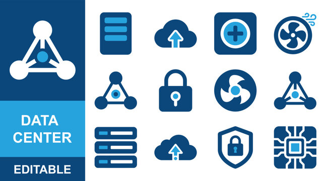 Data Center Server Cloud Security Network Cooling Technology Vector Icon Set