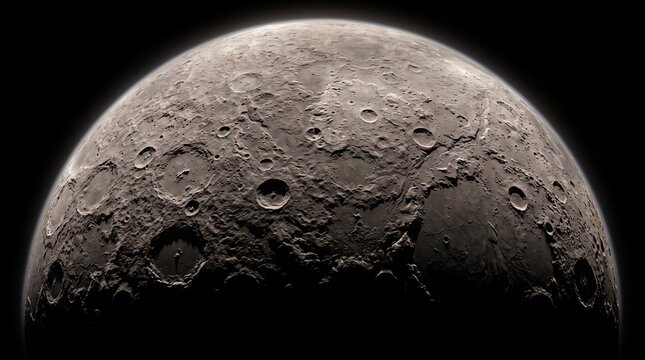 Detailed Surface of a Rocky Planet with Craters and Mountains in Deep Space Background
