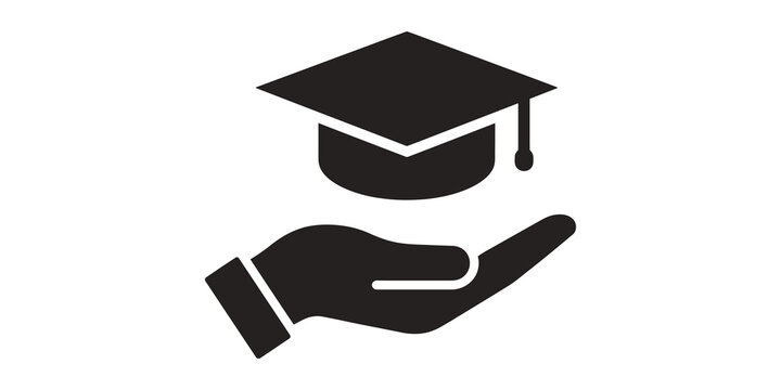 Graduation cap floating above hand flat vector icon.