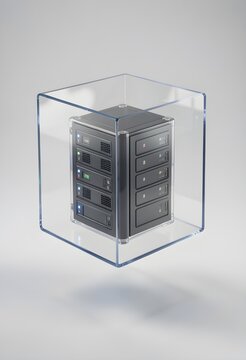 3d illustration of glass cube enclosing a server rack with leds