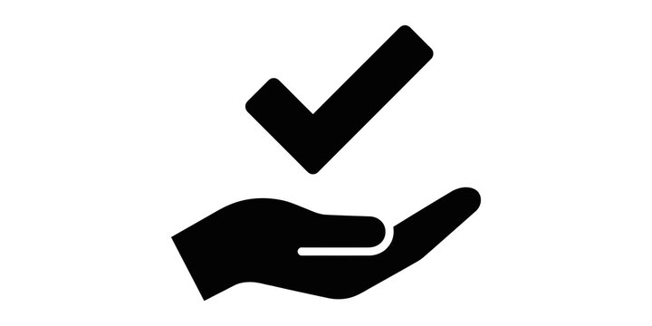 Black silhouette icon of a checkmark held in an open hand representing task completion and approval.