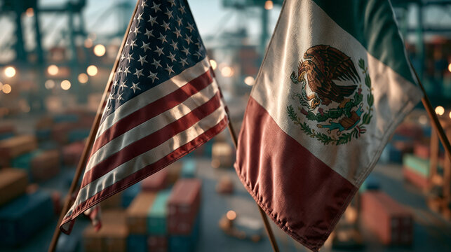 Flags of the united states and mexico displayed at a shipping port with cargo containers in the background