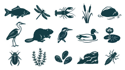 Obraz premium Freshwater Aquatic Wildlife and Nature Glyph Vector Icons Set - Animals, Plants, River Ecosystem Silhouettes