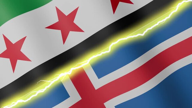 Two waving flags Syria and Iceland with diagonal lightning seamless, 4k loop