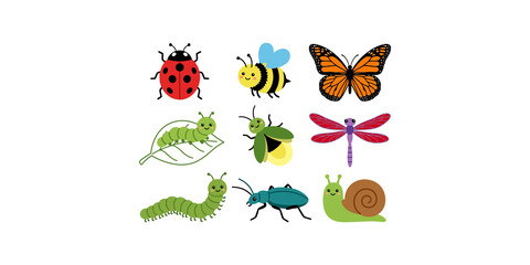 Naklejka premium Cute insect collection featuring colorful butterfly bee ladybug and caterpillar designs for garden nature theme learning.