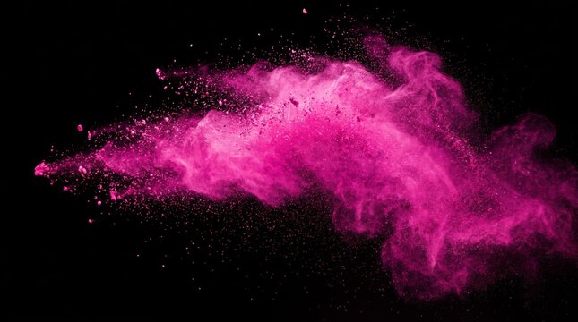 Bright hot pink powder explosion wave streaming across a black background with color explosion pink cloud explosion abstract particle