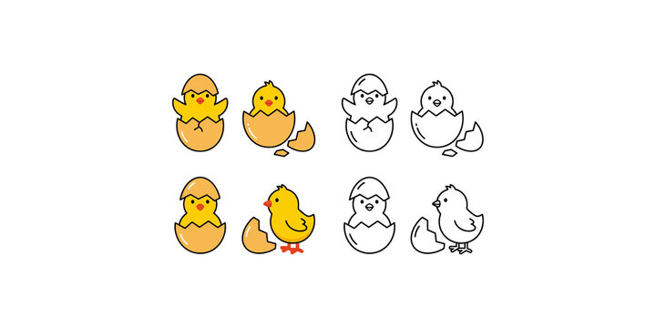 Baby chick hatching from egg vector set in color and outline styles for easter holiday cards and spring farm illustrations.