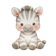 Naklejka premium Cute Baby Zebra Sitting Front View Watercolor Clipart PNG, Adorable Plush Style Safari Animal Illustration for Nursery Decor