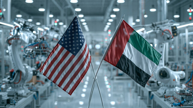 Collaboration in technology american and uae flags displayed in a modern robotics manufacturing facility