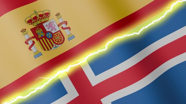 Two waving flags Spain and Iceland with diagonal lightning seamless, 4k loop