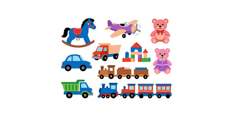 Fototapeta premium Set of colorful children toys featuring rocking horse toy train wooden blocks teddy bears and miniature vehicles icons.