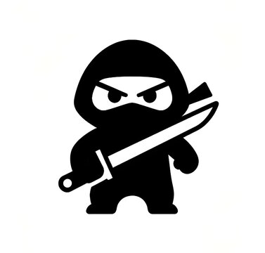 Simple black silhouette of a small cartoon ninja in full gear holding a sword with a determined expression.