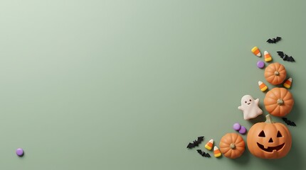 Fototapeta premium Halloween background with cute ghost, jackolantern pumpkins, bats, and candy corn arranged in a corner on a sage green surface, 3d render with copy space for text