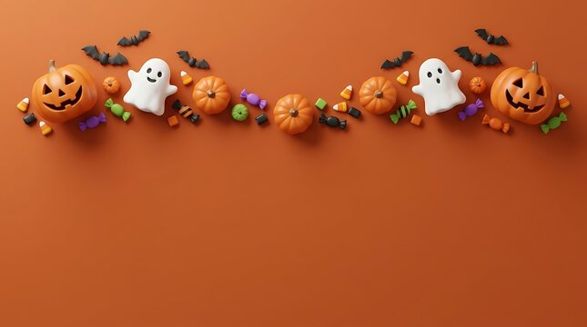 Halloween background with pumpkins, ghosts, bats, and candies arranged in a horizontal border on an orange surface