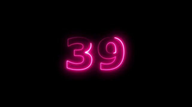 Neon number 39 icon animation. Glowing business number sign 4k video.