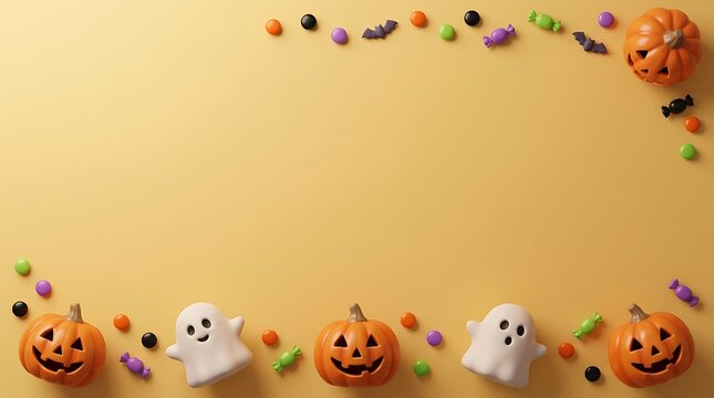 Halloween border frame with pumpkins, ghosts, bats, and candies on a yellow background