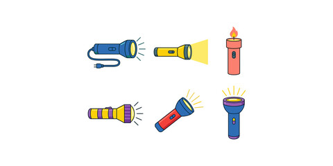 Variety of flashlights illuminating in different styles for outdoor activities or emergencies. © Akash