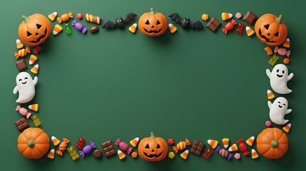 Fototapeta premium Halloween frame with 3d pumpkins, ghosts, bats, and assorted candies on a dark green background