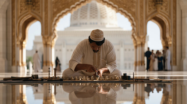 A railway operations worker improvising a bracket repair with on-hand tools inside a luxury baptism venue, a candid reflection caught in a polished marble floor as the family