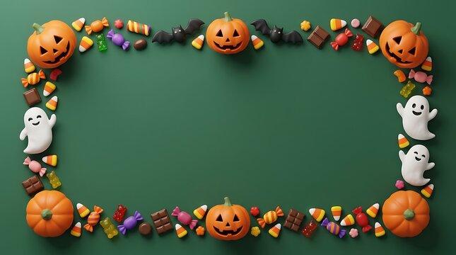 Halloween frame with 3d pumpkins, ghosts, bats, and assorted candies on a dark green background