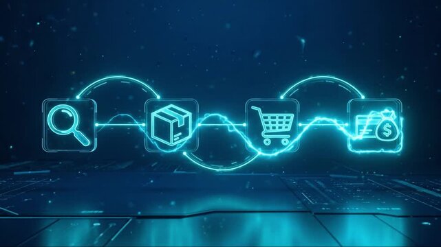 Futuristic online shopping interface search package box cart payment digital commerce glowing blue neon network ui with secure delivery flow and clean modern ecommerce layout