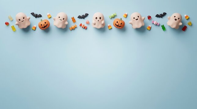 Halloween background with cute ghosts, pumpkins, bats, and colorful candies arranged in a row on a light blue surface