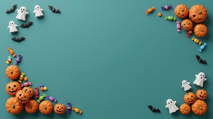Fototapeta premium Halloween holiday background with pumpkins, ghosts, bats, and candies arranged in corners on a teal surface
