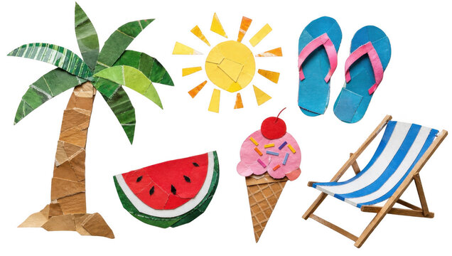 Collage of summer vacation icons with palm tree sun flip-flops watermelon ice cream and lounge chair