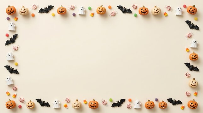 Halloween border frame with pumpkins, ghosts, bats, and candies on a light beige background