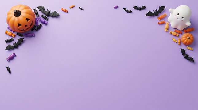Halloween background with cute ghost, jackolantern pumpkin, bats and colorful candies on a purple surface