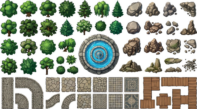 Top down game asset kit with trees rocks fountain and stone floor tiles for map design