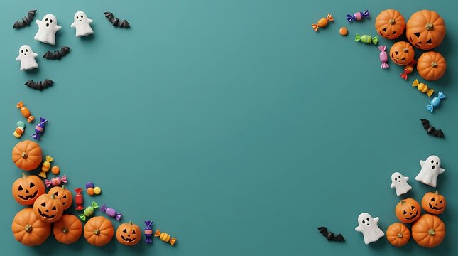 Halloween holiday background with pumpkins, ghosts, bats, and candies arranged in corners on a teal surface