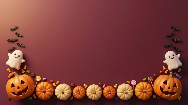 Halloween border frame with ghosts, jackolantern pumpkins, bats and assorted candies on a dark red background