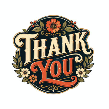 Vintage Thank You Typography Floral Badge Vector