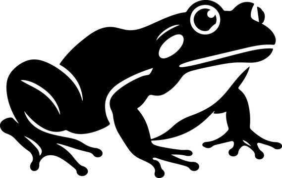 A simple black and white silhouette illustration of a sitting frog isolated on a plain white background