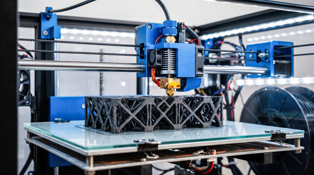 Industrial modern blue desktop 3d printer actively manufacturing complex black geometric lattice object using plastic extrusion technology onto flat clear heated glass print surface