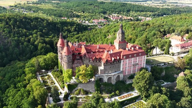 Aerial view of Ksiaz Castle, the third largest in Poland, Walbrzych, Poland