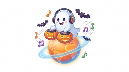 Fototapeta premium Cute Halloween ghost DJ wearing headphones, spooky character mixing music on pumpkin turntables, festive party illustration on white background