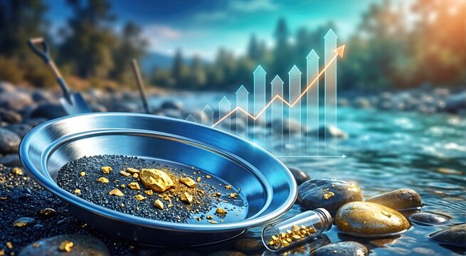 Gold panning with metal pan and nuggets by a river. Glowing rising financial chart over flowing water. Gold mining industry and commodity growth concept